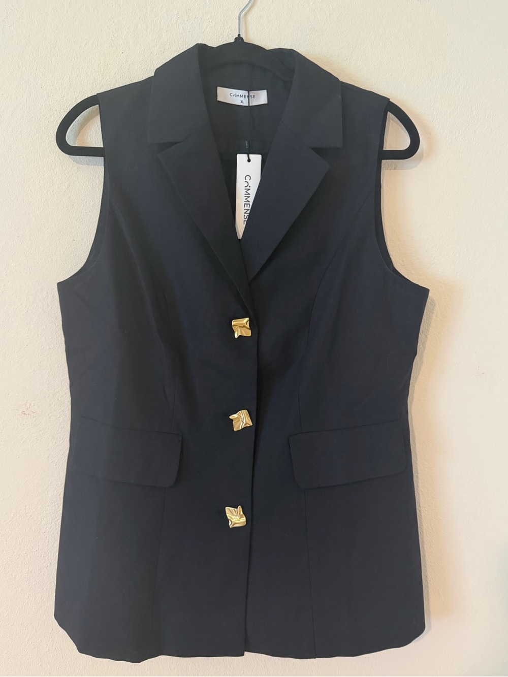 Commense Linen and Cotton Black Sleeveless Blazer Vest with Gold Buttons
